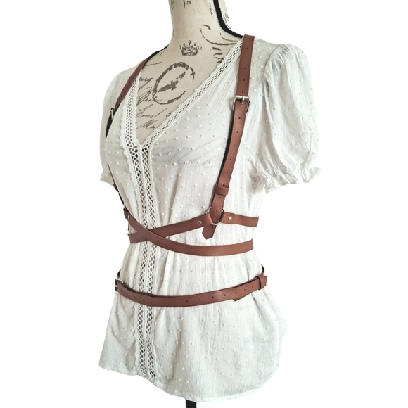 Faux leather brown Underbust adjustable harness suspenders sexy waist belt - Picture 5 of 15